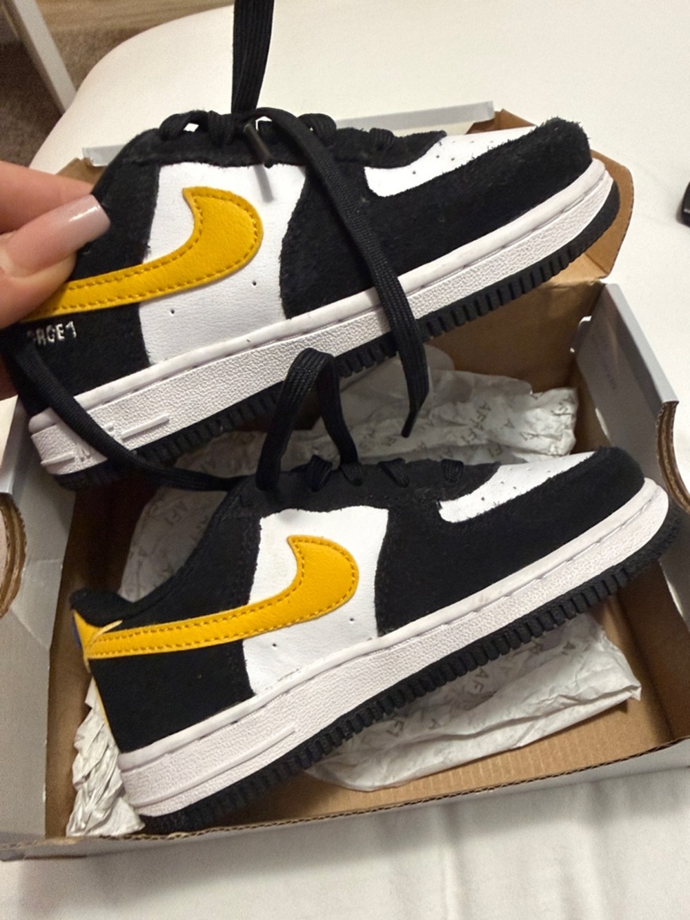 Nike Kids Black White Sneakers with Yellow Swoosh